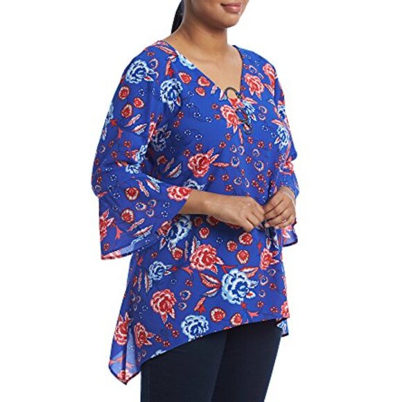 Relativity Plus Size Blue & Red Floral Shirt with 3/4 Bell Sleeves - 2X - Picture 2 of 3